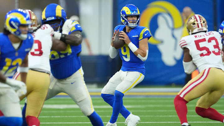 Oct 2, 2025; Inglewood, California, USA; Los Angeles Rams quarterback Matthew Stafford (9) drops back to pass against the San Francisco 49ers during the first half at SoFi Stadium. Mandatory Credit: Kirby Lee-Imagn Images