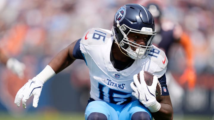 Tennessee Titans wide receiver Treylon Burks (16) runs against the Chicago Bears during the third quarter at Soldier Field in Chicago, Ill., Sunday, Sept. 8, 2024. Tennessee Titans wide receiver Treylon Burks (16) runs against the Chicago Bears during the third quarter at Soldier Field in Chicago, Ill., Sunday, Sept. 8, 2024.