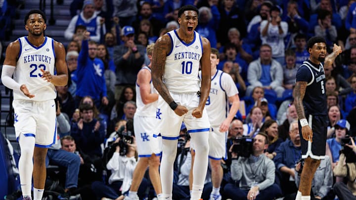 Oct 30, 2025; Lexington, KY, USA; Kentucky Wildcats forward Brandon Garrison (10) celebrates during the second half against the Georgetown Hoyas at Rupp Arena at Central Bank Center. Mandatory Credit: Jordan Prather-Imagn Images Oct 30, 2025; Lexington, KY, USA; Kentucky Wildcats forward Brandon Garrison (10) celebrates during the second half against the Georgetown Hoyas at Rupp Arena at Central Bank Center. Mandatory Credit: Jordan Prather-Imagn Images