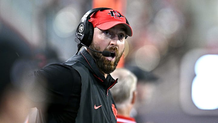 Sep 6, 2025; Pullman, Washington, USA; San Diego State Aztecs head coach Sean Lewis. Sep 6, 2025; Pullman, Washington, USA; San Diego State Aztecs head coach Sean Lewis.