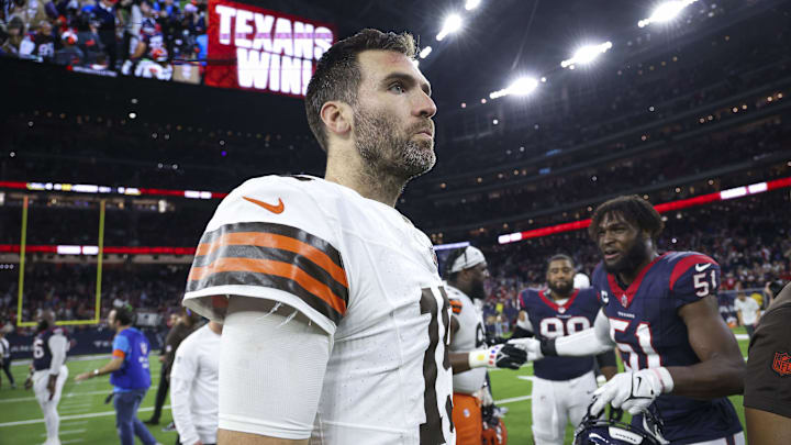 Jan 13, 2024; Houston, Texas, USA; Cleveland Browns quarterback Joe Flacco (15) on the field after a 2024 AFC wild card game against the Houston Texans at NRG Stadium. Mandatory Credit: Troy Taormina-Imagn Images
