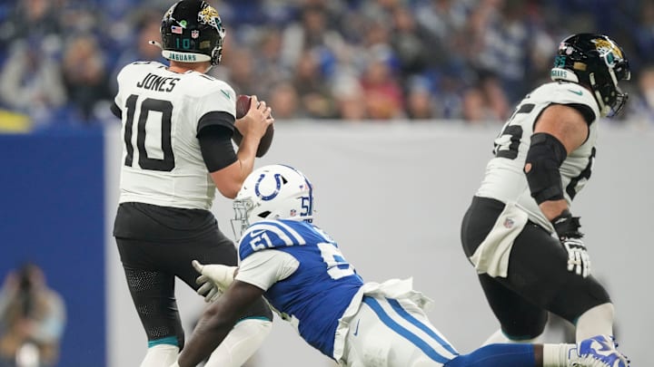 Indianapolis Colts defensive end Kwity Paye (51) misses the sack on Jacksonville Jaguars quarterback Mac Jones (10) on Sunday, Jan. 5, 2025, during a game against the Jacksonville Jaguars at Lucas Oil Stadium in Indianapolis. Indianapolis Colts defensive end Kwity Paye (51) misses the sack on Jacksonville Jaguars quarterback Mac Jones (10) on Sunday, Jan. 5, 2025, during a game against the Jacksonville Jaguars at Lucas Oil Stadium in Indianapolis.