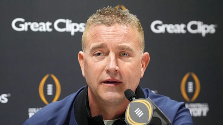 Jan 18, 2025; Atlanta, GA, USA; Kirk Herbstreit talks to the media during 2025 CFP National Championship Media Day at Georgia World Congress Center, Building A. Mandatory Credit: Kirby Lee-Imagn Images