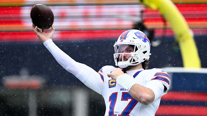 Dec 14, 2025; Foxborough, Massachusetts, USA; Buffalo Bills quarterback Josh Allen (17) warms up before game against the New England Patriots at Gillette Stadium. Dec 14, 2025; Foxborough, Massachusetts, USA; Buffalo Bills quarterback Josh Allen (17) warms up before game against the New England Patriots at Gillette Stadium.