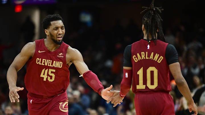 Feb 14, 2024; Cleveland, Ohio, USA; Cleveland Cavaliers guard Donovan Mitchell (45) celebrates with guard Darius Garland (10) during the second half against the Chicago Bulls at Rocket Mortgage FieldHouse. Mandatory Credit: Ken Blaze-Imagn Images Feb 14, 2024; Cleveland, Ohio, USA; Cleveland Cavaliers guard Donovan Mitchell (45) celebrates with guard Darius Garland (10) during the second half against the Chicago Bulls at Rocket Mortgage FieldHouse. Mandatory Credit: Ken Blaze-Imagn Images