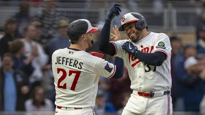Apr 13, 2026; Minneapolis, Minnesota, USA; Minnesota Twins first baseman Victor Caratini (37) celebrates with catcher Ryan Jeffers (27) after hitting a home run against the Boston Red Sox in the second inning at Target Field. Mandatory Credit: Jesse Johnson-Imagn Images Apr 13, 2026; Minneapolis, Minnesota, USA; Minnesota Twins first baseman Victor Caratini (37) celebrates with catcher Ryan Jeffers (27) after hitting a home run against the Boston Red Sox in the second inning at Target Field. Mandatory Credit: Jesse Johnson-Imagn Images
