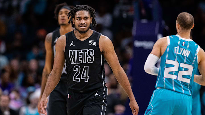 Mar 8, 2025; Charlotte, North Carolina, USA; Brooklyn Nets guard Cam Thomas (24) reacts after a foul during the second quarter against the Charlotte Hornets at Spectrum Center. Mandatory Credit: Scott Kinser-Imagn Images Mar 8, 2025; Charlotte, North Carolina, USA; Brooklyn Nets guard Cam Thomas (24) reacts after a foul during the second quarter against the Charlotte Hornets at Spectrum Center. Mandatory Credit: Scott Kinser-Imagn Images