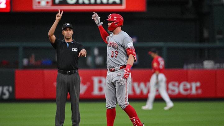 Jul 24, 2026; St. Louis, Missouri, USA; Cincinnati Reds catcher Tyler Stephenson (37) reacts after hitting a one run double against the St. Louis Cardinals during the fourth inning at Busch Stadium. Mandatory Credit: Jeff Curry-Imagn Images Jul 24, 2026; St. Louis, Missouri, USA; Cincinnati Reds catcher Tyler Stephenson (37) reacts after hitting a one run double against the St. Louis Cardinals during the fourth inning at Busch Stadium. Mandatory Credit: Jeff Curry-Imagn Images