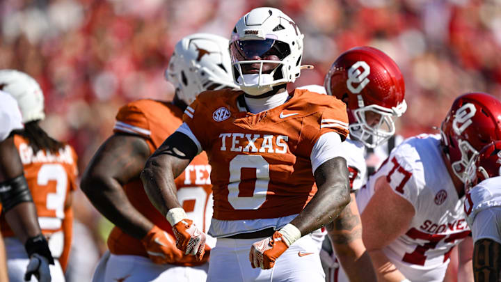 Oct 11, 2025; Dallas, Texas, USA; Texas Longhorns linebacker Anthony Hill Jr. (0) celebrates during the game between the Texas Longhorns and the Oklahoma Sooners at the Cotton Bowl. Mandatory Credit: Jerome Miron-Imagn Images