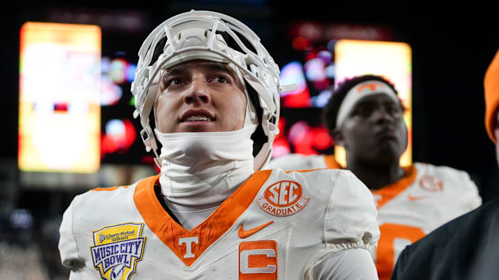 Tennessee quarterback Joey Aguilar (6) looks towards the stands as he walks off the field after the loss to Illinois in the Music City Bowl NCAA college football game on Dec. 30, 2025, in Nashville, Tennessee.