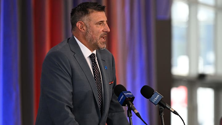 Jan 13, 2025; Foxborough, MA, USA; Mike Vrabel addresses media at a press conference at Gillette Stadium to announce his hiring as the New England Patriots head coach. Mandatory Credit: Eric Canha-Imagn Images