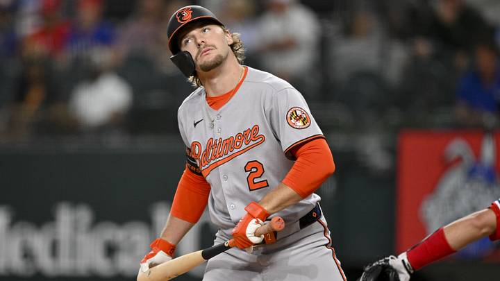 Jun 30, 2025; Arlington, Texas, USA; Baltimore Orioles shortstop Gunnar Henderson (2) reacts to a strike call during the first inning against the Texas Rangers at Globe Life Field. Mandatory Credit: Jerome Miron-Imagn Images Jun 30, 2025; Arlington, Texas, USA; Baltimore Orioles shortstop Gunnar Henderson (2) reacts to a strike call during the first inning against the Texas Rangers at Globe Life Field. Mandatory Credit: Jerome Miron-Imagn Images