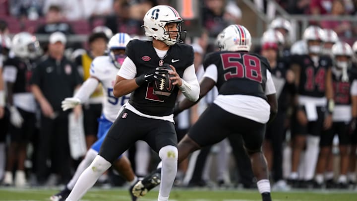 Oct 19, 2024; Stanford, California, USA; Stanford Cardinal quarterback Elijah Brown (2) drops back to pass against the Southern Methodist Mustangs during the second quarter at Stanford Stadium. Mandatory Credit: Darren Yamashita-Imagn Images