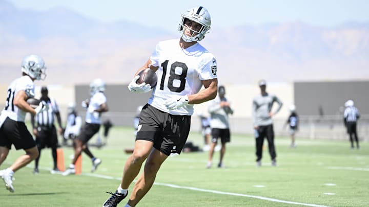 Jun 10, 2025; Henderson, NV, USA; Las Vegas Raiders wide receiver Jack Bech (18) runs a drill during Las Vegas Raiders Minicamp at Intermountain Health Performance Center. Mandatory Credit: Candice Ward-Imagn Images Jun 10, 2025; Henderson, NV, USA; Las Vegas Raiders wide receiver Jack Bech (18) runs a drill during Las Vegas Raiders Minicamp at Intermountain Health Performance Center. Mandatory Credit: Candice Ward-Imagn Images