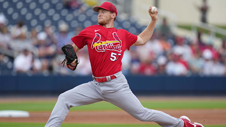 Mar 14, 2023; West Palm Beach, Florida, USA;  St. Louis Cardinals pitcher Zack Thompson (57) pitches