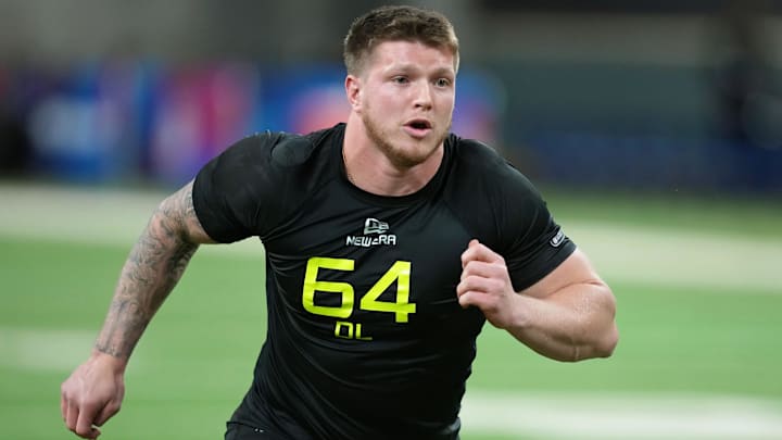 Feb 27, 2025; Indianapolis, IN, USA; Ohio State defensive lineman Jack Sawyer (DL64) participates in drills during the 2025 NFL Combine at Lucas Oil Stadium. Mandatory Credit: Kirby Lee-Imagn Images