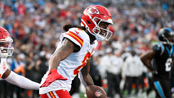 Nov 24, 2024; Charlotte, North Carolina, USA; Kansas City Chiefs wide receiver DeAndre Hopkins (8) reacts after catching a touchdown in the third quarter at Bank of America Stadium.