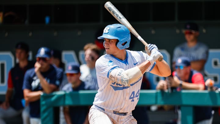 Jun 8, 2025; Chapel Hill, NC, USA;  North Carolina catcher Luke Stevenson (44) prepares to hit the ball during the seventh inning of the Super Regionals game against Arizona in Chapel Hill, North Carolina. Mandatory Credit: Jaylynn Nash-Imagn Images