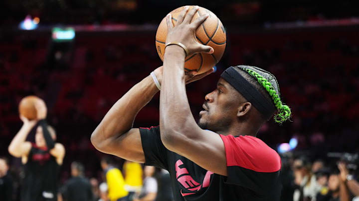 Jan 2, 2025; Miami, Florida, USA;  Miami Heat forward Jimmy Butler (22) warms-up before the game against the Indiana Pacers at Kaseya Center. Mandatory Credit: Jim Rassol-Imagn Images