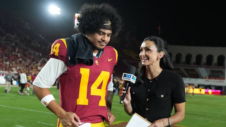 Sep 12, 2026; Los Angeles, California, USA; Big Ten Network female sideline reporter Caroline Hendershot interviews Southern California Trojans quarterback Jayden Maiava (14) after the game against the Louisiana Ragin' Cajuns at United Airlines Field at Los Angeles Memorial Coliseum. Sep 12, 2026; Los Angeles, California, USA; Big Ten Network female sideline reporter Caroline Hendershot interviews Southern California Trojans quarterback Jayden Maiava (14) after the game against the Louisiana Ragin' Cajuns at United Airlines Field at Los Angeles Memorial Coliseum.