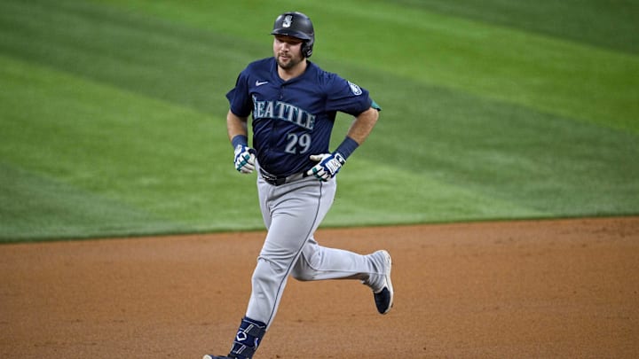 Seattle Mariners designated hitter Cal Raleigh rounds the bases after hitting a home run against the Texas Rangers on Sunday at Globe Life Field. Seattle Mariners designated hitter Cal Raleigh rounds the bases after hitting a home run against the Texas Rangers on Sunday at Globe Life Field.