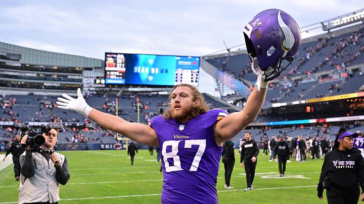 Nov 24, 2024; Chicago, Illinois, USA; Minnesota Vikings tight end T.J. Hockenson (87) celebrates after the game against the Chicago Bears at Soldier Field. Mandatory Credit: Daniel Bartel-Imagn Images Nov 24, 2024; Chicago, Illinois, USA; Minnesota Vikings tight end T.J. Hockenson (87) celebrates after the game against the Chicago Bears at Soldier Field. Mandatory Credit: Daniel Bartel-Imagn Images