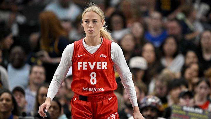 Jun 27, 2025; Dallas, Texas, USA; Indiana Fever guard Sophie Cunningham (8) during the game between the Dallas Wings and the Indiana Fever at the American Airlines Center. Mandatory Credit: Jerome Miron-Imagn Images