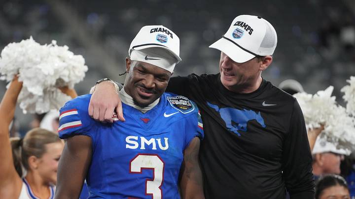 SMU Mustangs safety Ahmaad Moses and head coach Rhett Lashlee celebrate after victory over the Arizona Wildcats in the Holiday Bowl at Snapdragon Stadium. Picture by: Kirby Lee-Imagn Images SMU Mustangs safety Ahmaad Moses and head coach Rhett Lashlee celebrate after victory over the Arizona Wildcats in the Holiday Bowl at Snapdragon Stadium. Picture by: Kirby Lee-Imagn Images