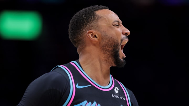 Nov 17, 2025; Miami, Florida, USA; Miami Heat guard Norman Powell (24) reacts against the New York Knicks during the fourth quarter at Kaseya Center. Mandatory Credit: Sam Navarro-Imagn Images