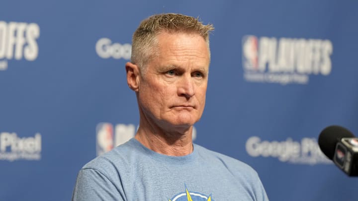 May 8, 2023; Los Angeles, California, USA; Golden State Warriors coach Steve Kerr at a press conference during game four of the 2023 NBA playoffs at Crypto.com Arena. May 8, 2023; Los Angeles, California, USA; Golden State Warriors coach Steve Kerr at a press conference during game four of the 2023 NBA playoffs at Crypto.com Arena.