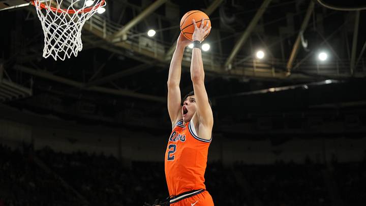 Mar 21, 2026; Greenville, SC, USA; Illinois Fighting Illini guard Andrej Stojakovic (2) dunks the ball during the second half against the VCU Rams during a second round game of the men's 2026 NCAA Tournament at Bon Secours Wellness Arena. Mandatory Credit: Bob Donnan-Imagn Images