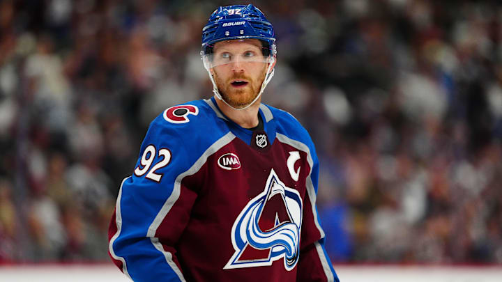 Mar 25, 2025; Denver, Colorado, USA; Colorado Avalanche left wing Gabriel Landeskog (92) during the third period against the Dallas Stars at Ball Arena. Mandatory Credit: Ron Chenoy-Imagn Images