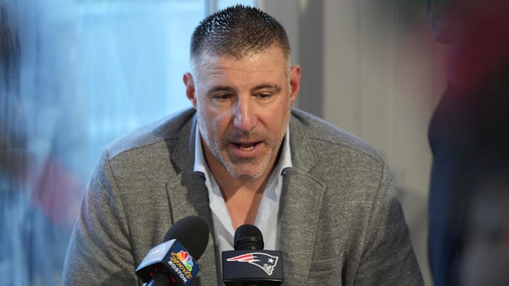 Mar 31, 2025; Palm Beach, FL, USA;  New England Patriots head coach Mike Vrabel answers questions from the media during the NFL Annual League Meeting at The Breakers. Mandatory Credit: Jim Rassol-Imagn Images