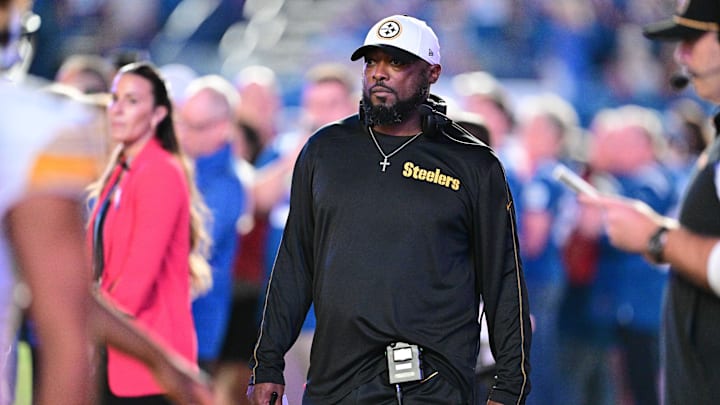 Sep 29, 2024; Indianapolis, Indiana, USA; Pittsburgh Steelers head coach Mike Tomlin walks on the sidelines before the game against the Indianapolis Colts at Lucas Oil Stadium. Mandatory Credit: Marc Lebryk-Imagn Images