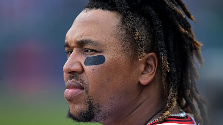 Oct 2, 2025; Cleveland, Ohio, USA; Cleveland Guardians third baseman Jose Ramirez (11) in the second inning against the Detroit Tigers during game three of the Wildcard round for the 2025 MLB playoffs at Progressive Field. Mandatory Credit: Ken Blaze-Imagn Images