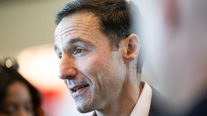 Nov 10, 2023; Cleveland, OH, USA;  Cleveland Guardians president of baseball operations Chris Antonetti talks to the media during an introductory press conference for new manager Stephen Vogt at Progressive Field. Mandatory Credit: Ken Blaze-Imagn Images