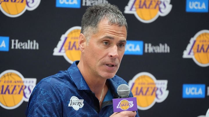 Jul 2, 2024; El Segundo, CA, USA; Los Angeles Lakers vice president of basketball operations and general manager Rob Pelinka at a press conference at the UCLA Health Training Center. Mandatory Credit: Kirby Lee-Imagn Images Jul 2, 2024; El Segundo, CA, USA; Los Angeles Lakers vice president of basketball operations and general manager Rob Pelinka at a press conference at the UCLA Health Training Center. Mandatory Credit: Kirby Lee-Imagn Images