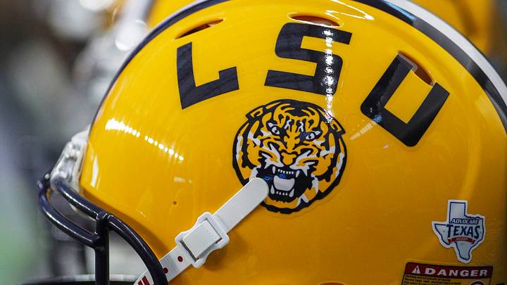 LSU Tigers helmets before a game against the Wisconsin Badgers at NRG Stadium. 