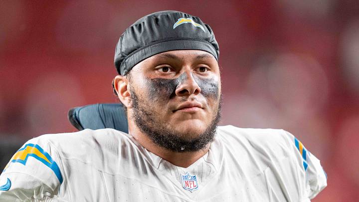 August 23, 2025; Santa Clara, California, USA; Los Angeles Chargers guard Branson Taylor (71) after the game against the San Francisco 49ers at Levi's Stadium. Mandatory Credit: Kyle Terada-Imagn Images