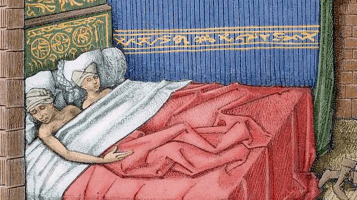Couple in bed. 15th century. Engraving of "Miracles of Notre Dame".