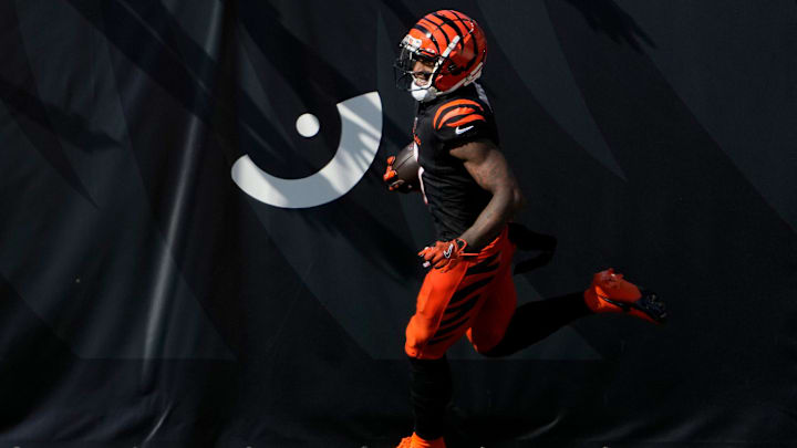 The Cincinnati Bengals Ja'Marr Chase runs in the end zone for a touchdown in the 4th quarter against the Baltimore Ravens Sunday October 6, 2024 at Payor Stadium. The Bengals lost 41-38 in overtime.