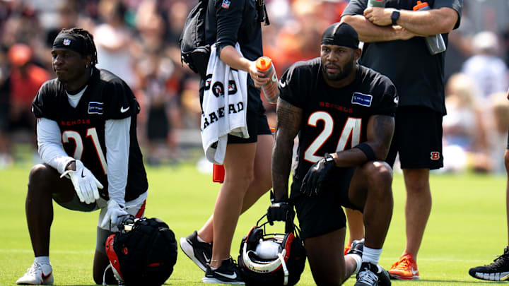 Cincinnati Bengals cornerback Mike Hilton (21), Cincinnati Bengals safety Vonn Bell (24) and Cincinnati Bengals cornerback Cam Taylor-Britt (29) during Cincinnati Bengals training camp in Cincinnati on Friday, July 26, 2024.