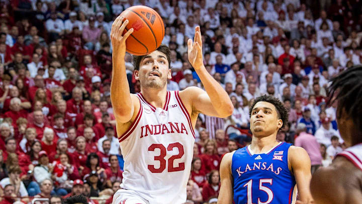 Indiana's Trey Galloway (32) drives against Kansas at Simon Skjodt Assembly Hall.
