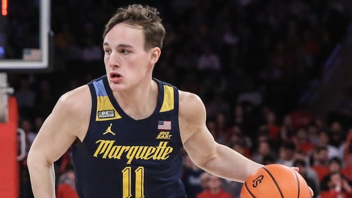 Jan 20, 2024; New York, New York, USA;  Marquette Golden Eagles guard Tyler Kolek (11) drives to the basket in the first half against the St. John's Red Storm at Madison Square Garden. Mandatory Credit: Wendell Cruz-USA TODAY Sports