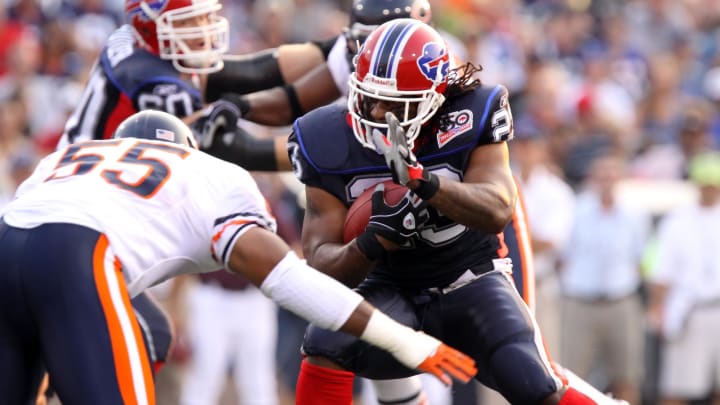Aug 15, 2009; Orchard Park, NY, USA; Buffalo Bills running back Marshawn Lynch (23) is tackled by Chicago Bears linebacker Lance Briggs (55) in the 1st quarter at Ralph Wilson stadium. Mandatory Credit: Kevin Hoffman-USA TODAY Sports Aug 15, 2009; Orchard Park, NY, USA; Buffalo Bills running back Marshawn Lynch (23) is tackled by Chicago Bears linebacker Lance Briggs (55) in the 1st quarter at Ralph Wilson stadium. Mandatory Credit: Kevin Hoffman-USA TODAY Sports