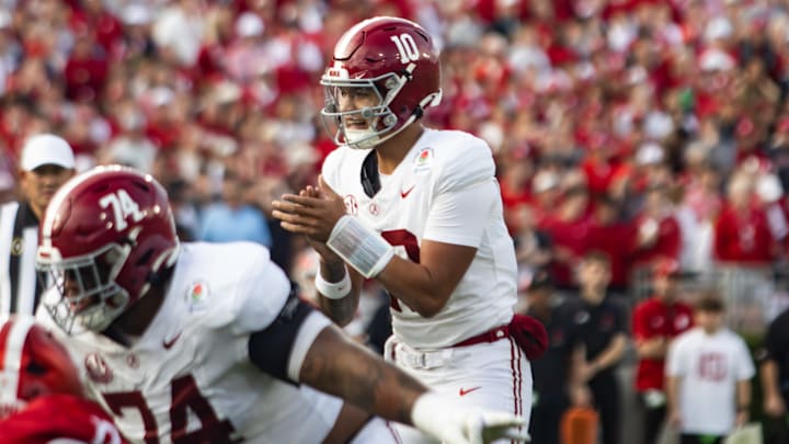 Alabama quarterback Austin Mack prepares to take a snap in the second half of the Rose Bowl on Jan. 1, 2026.