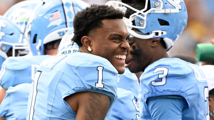 Sep 7, 2024; Chapel Hill, North Carolina, USA; North Carolina Tar Heels wide receiver Jordan Shipp (1) during a timeout in the second quarter at Kenan Memorial Stadium. Mandatory Credit: Bob Donnan-Imagn Images