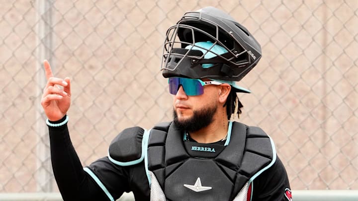 Arizona Diamondbacks catcher Jose Herrera during spring training practice at Salt River Fields at Talking Stick in Scottsdale on Feb. 13, 2025.