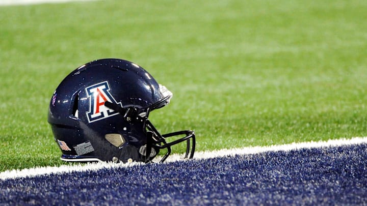 Nov 9, 2013; Tucson, AZ, USA; A detailed view of an Arizona Wildcats helmet before the first quarter against the UCLA Bruins at Arizona Stadium. Mandatory Credit: Casey Sapio-Imagn Images