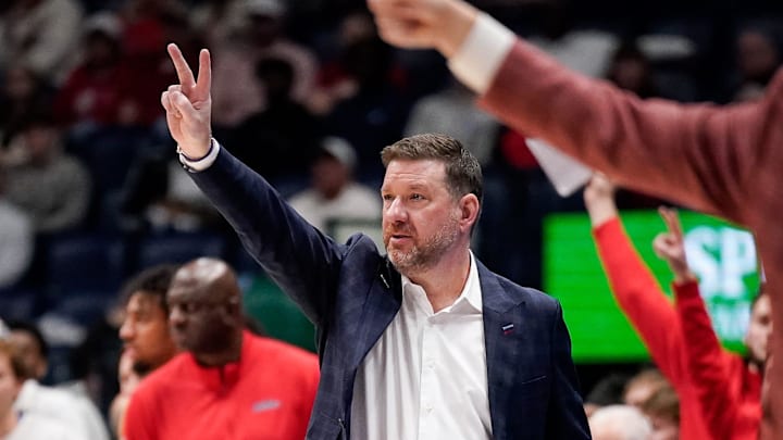 Mississippi coach Chris Beard works with his team during the second half of a SEC tournament semifinal game against Arkansas at Bridgestone Arena in Nashville, Tenn., Saturday, March 14, 2026.